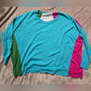 Zaket & Plover Womens Sweater Blue Colorblock 3/4 Sleeve Oversized Small